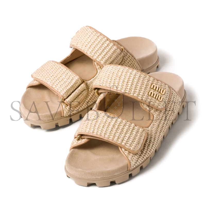MIU MIU RAFFIA-EFFECT WOVEN FABRIC SLIDES 5XX636